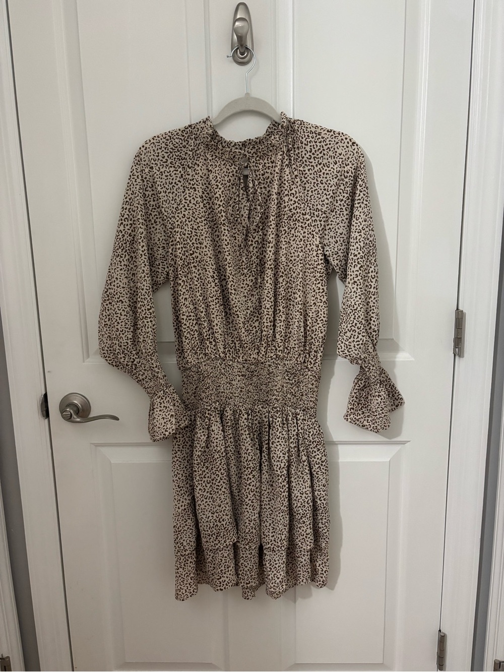 Lucca Smocked Waist Leopard Print Long-Sleeve Mini Dress - Beige size S